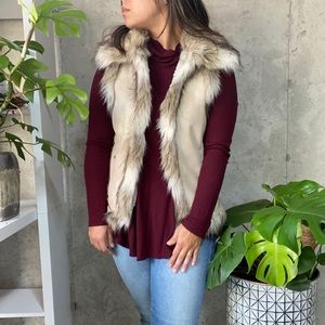 Tasha Polizzi Cream and Brown Fur-Trimmed Vest